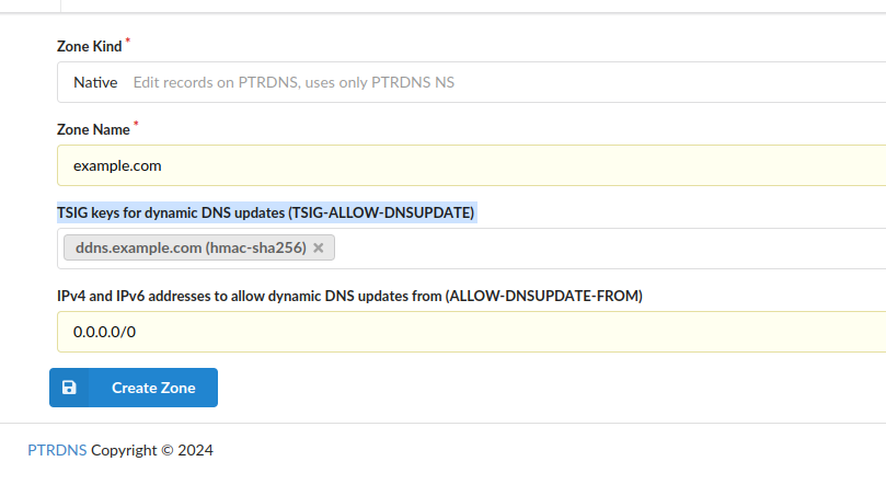 Creating a zone, associating the previously created TSIG key and allowing updates from 0.0.0.0