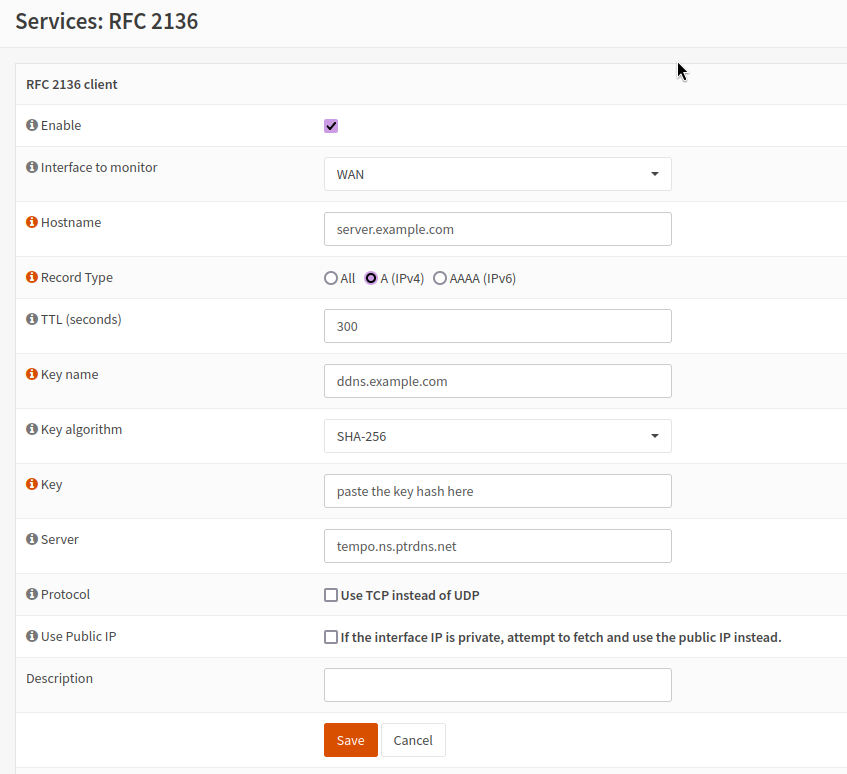 OPNSense RFC 2136 service configuration for PTRDNS